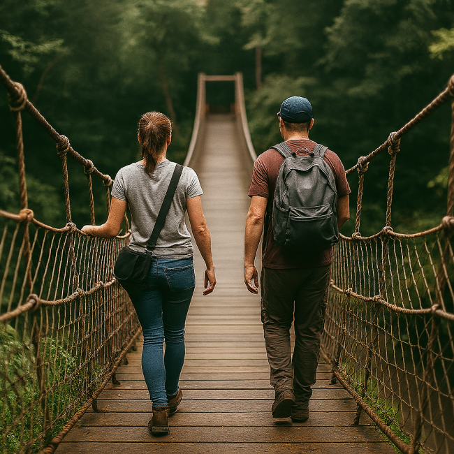 Pillar coaching People walking on rope bridge