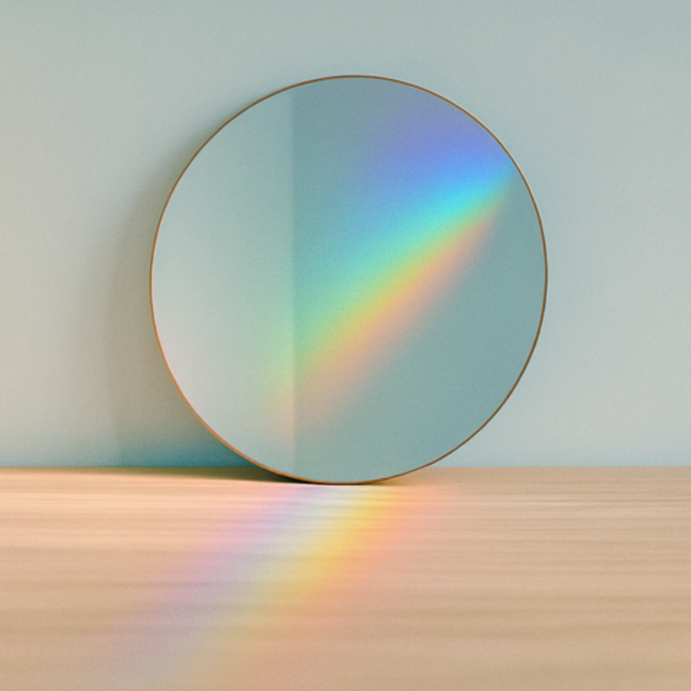 Round mirror reflecting light with rainbow